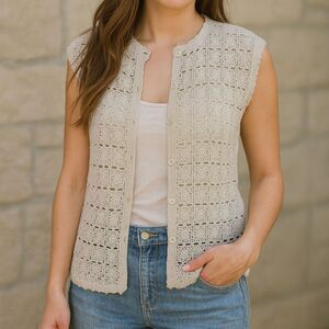 Sleeveless Cardigan Button Front Silk Cotton Beige SP Cottagecore Coquette Fairy